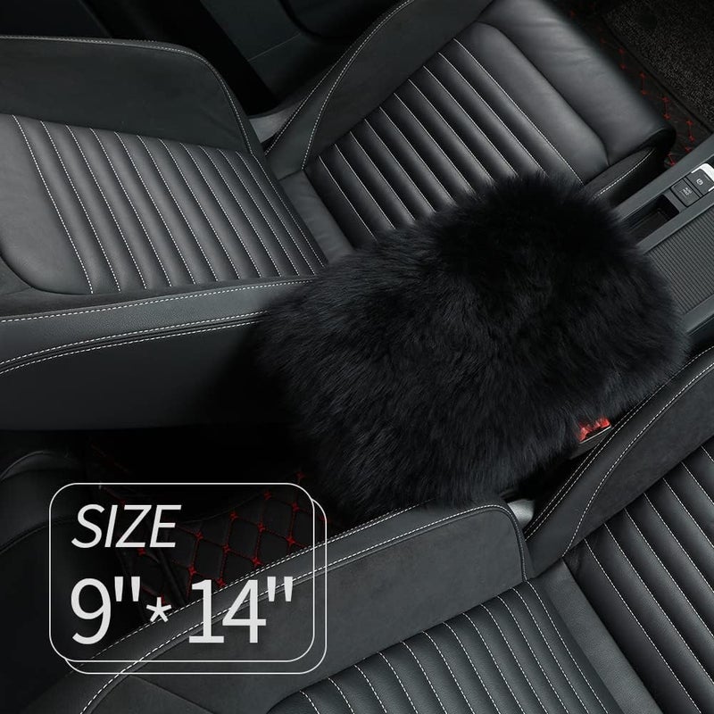IRIWOOL Sheepskin Armrest Cover Auto Center Armrest Cover Car Soft Console Pad, Fluffy Wool Auto Center Console Cover for Most Car Arm Rest Decoration Protector 9 x 14 Inch (Long Wool, Black) - Image 2